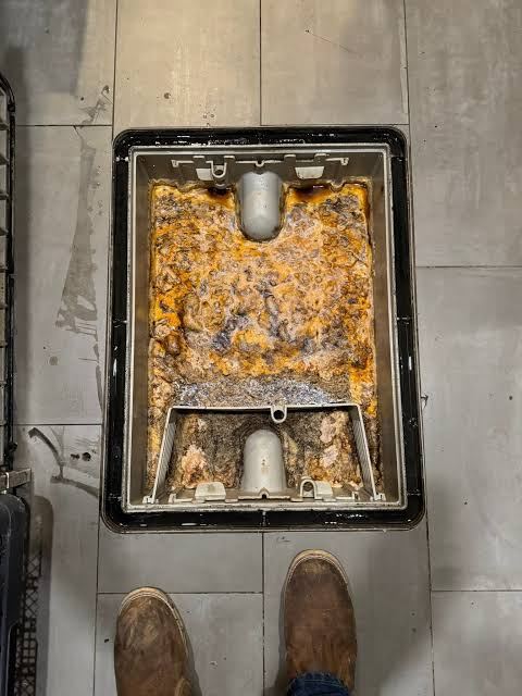 Floor grease trap before pumping at an Olympia Fields facility